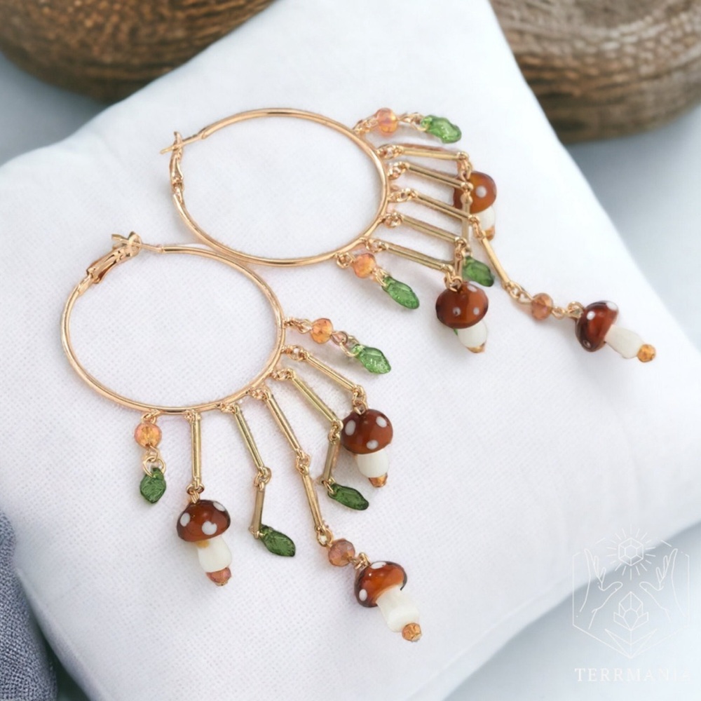 NWT 🤎🍄🤎 Boho Mushroom Tassel Dangle Hoop Earrings